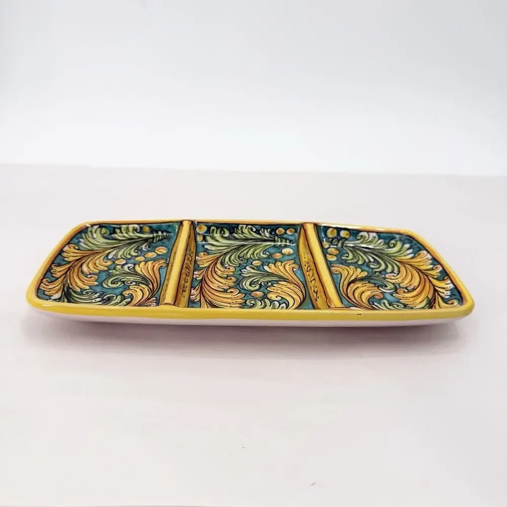 Colorful Ceramic Slotted Serving Tray Scroll Design Scaglia Caltagirone Italy